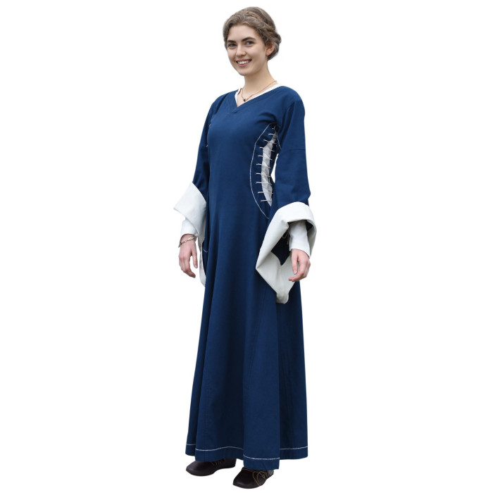 Vestido medieval, Bliaut Amal aberto, azul / natural  - 1