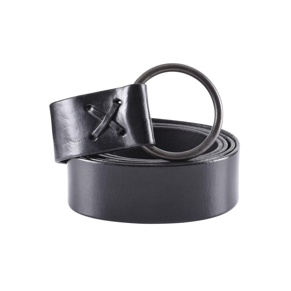 Medieval black leather belt with brass ring, 190 cm  - 1