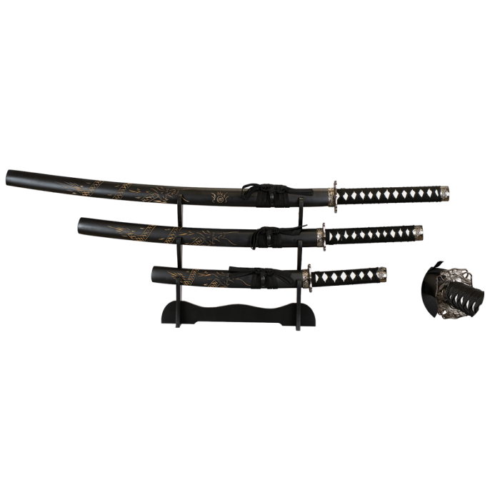 Set Composed by Katana,Wakizashi and Both With Support, Black  - 1