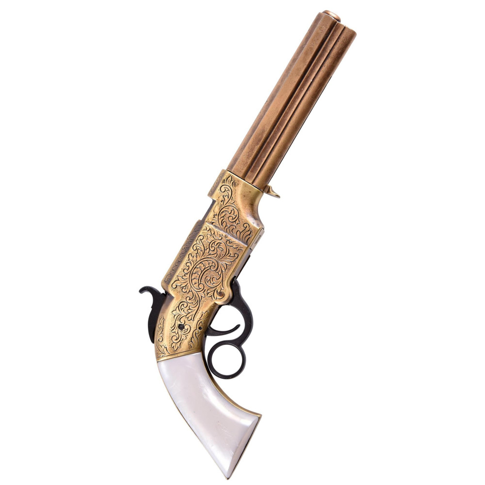 Pistola vulcanica del 1854, ottone e falsa madreperla, replica  - 3