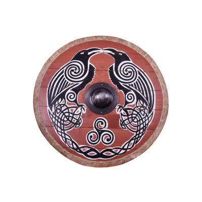 Bouclier Viking 'Huginn & Muninn' avec bord de peau brute, 80 cm  - 2