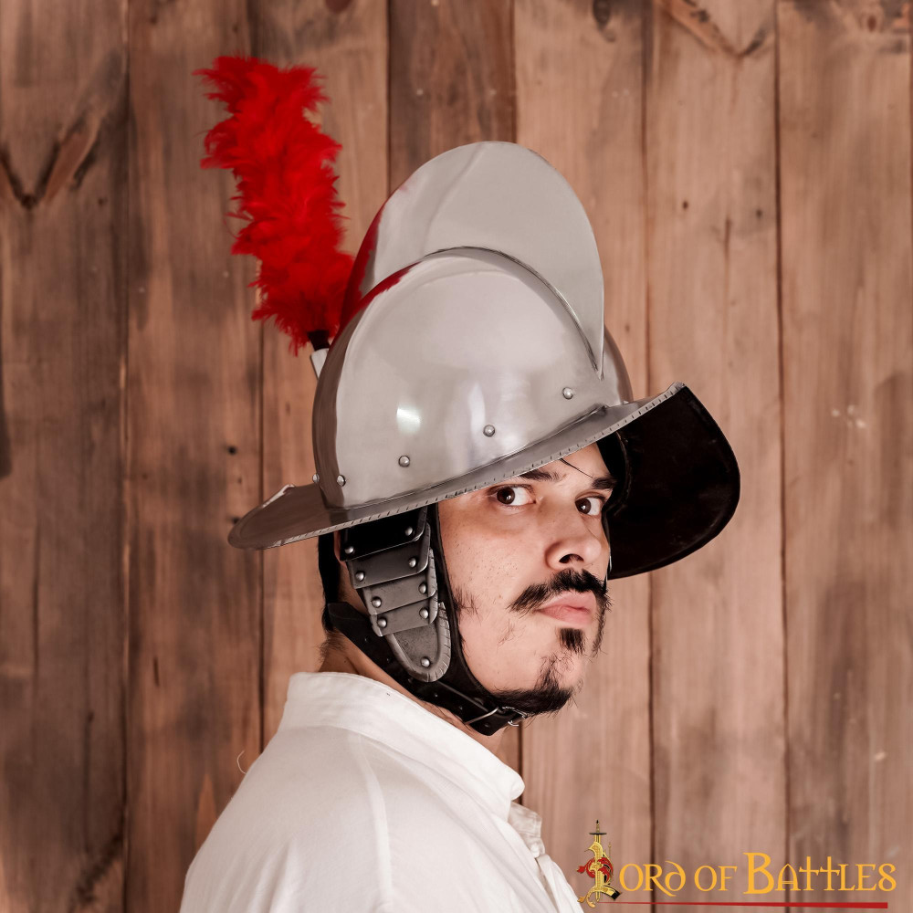 Casco spagnolo Morion con piuma rossa e fodera in pelle calibro 16 - 4