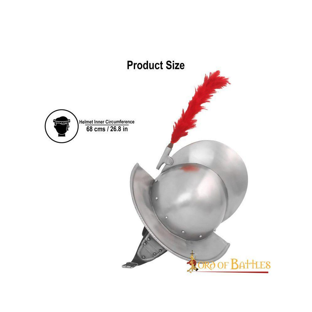 Casco spagnolo Morion con piuma rossa e fodera in pelle calibro 16 - 5