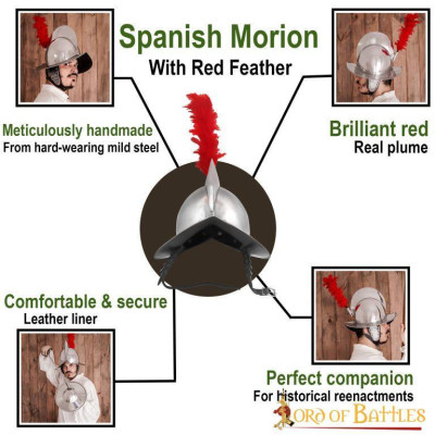 Casco spagnolo Morion con piuma rossa e fodera in pelle calibro 16 - 6