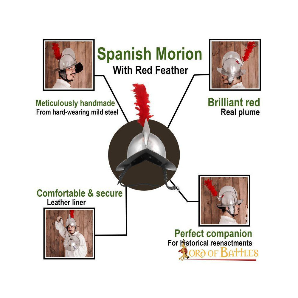 Casco spagnolo Morion con piuma rossa e fodera in pelle calibro 16 - 6