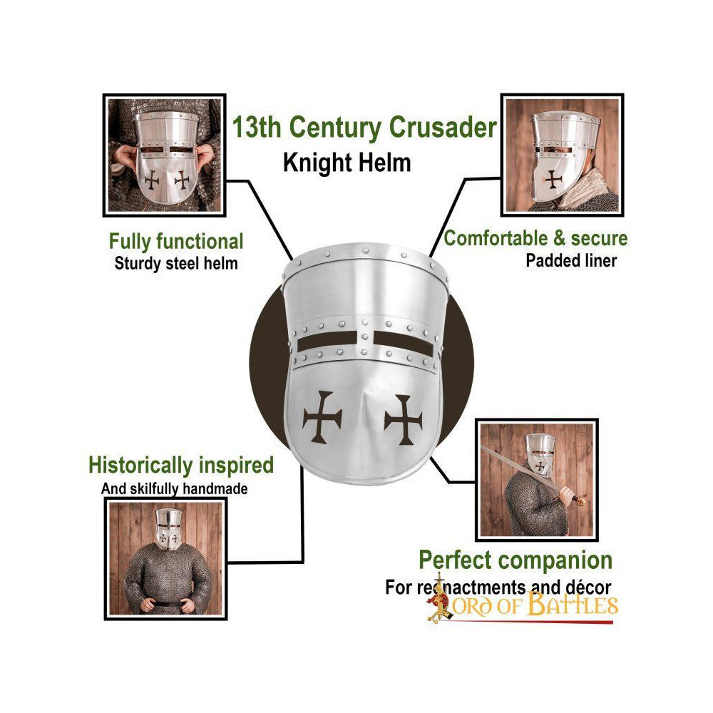Elmo de aço Cavaleiro Templário do século XIII com forro acolchoado calibre 16  - 6