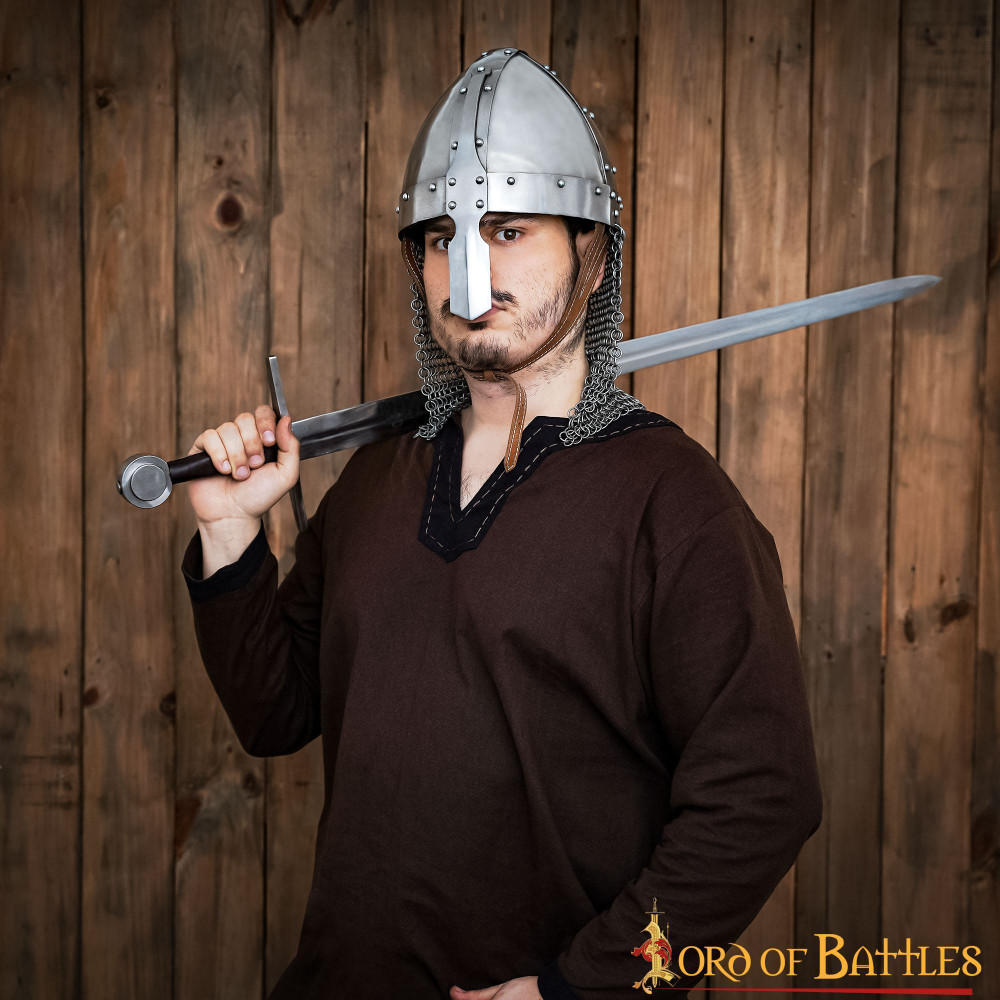 Elmo medievale normanno nasale in acciaio con maglia dimensione Camail calibro 16 - 3