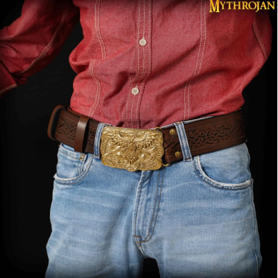 Mythrojan Viking URBAN BELT CON FIBBIA ODIN RAVEN SOLID BRASS e vera pelle goffrata  - 1