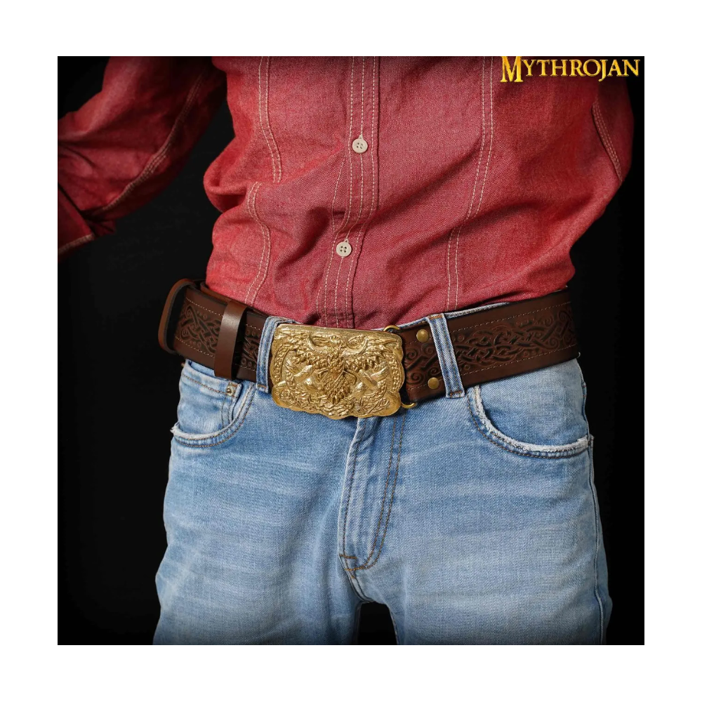 Mythrojan Viking CEINTURE URBAINE AVEC BOUCLE EN LAITON MASSIF ODIN CORBEAU et cuir véritable gaufré  - 1