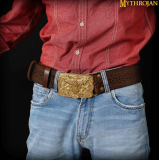 Mythrojan Viking URBAN BELT CON FIBBIA ODIN RAVEN SOLID BRASS e vera pelle goffrata  - 1