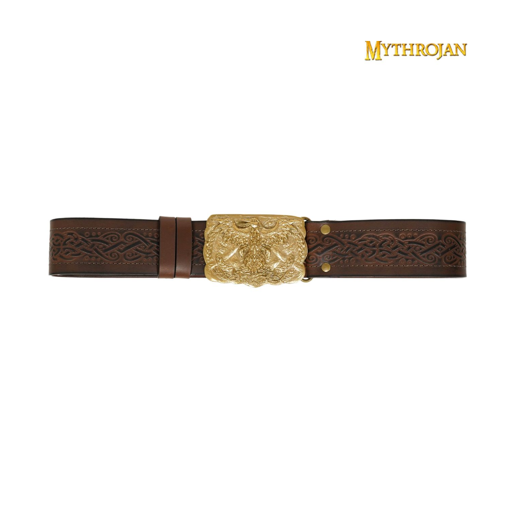 Mythrojan Viking CEINTURE URBAINE AVEC BOUCLE EN LAITON MASSIF ODIN CORBEAU et cuir véritable gaufré  - 2