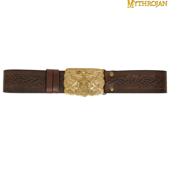 Mythrojan Viking URBAN BELT CON FIBBIA ODIN RAVEN SOLID BRASS e vera pelle goffrata  - 2