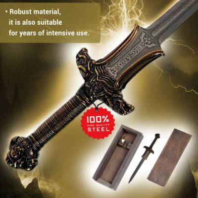 ABRIDOR DE CARTAS COM ESPADA ATLANTE EM MINIATURA CONAN EM CAIXA DE MADEIRA  - 1