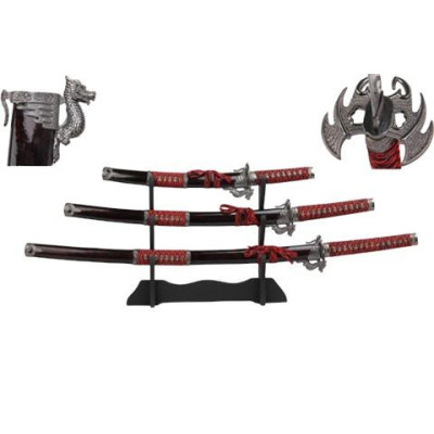 SET OF 3 SAMURAI SWORDS WITH STAND - DRAGON (KATANA, WAKIZASHI AND TANTO) - 1
