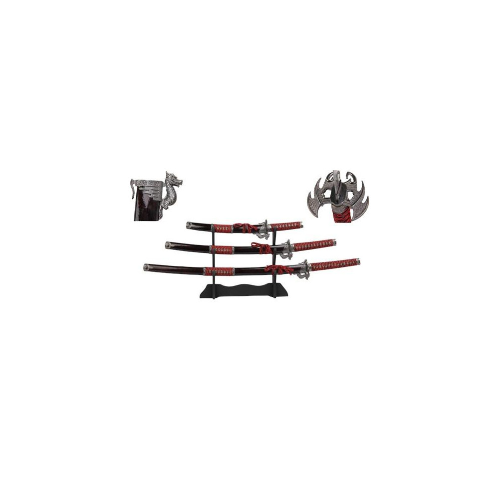 SET DE 3 ESPADAS SAMURÁI CON SOPORTE - DRAGÓN (KATANA, WAKIZASHI Y TANTO) - 1