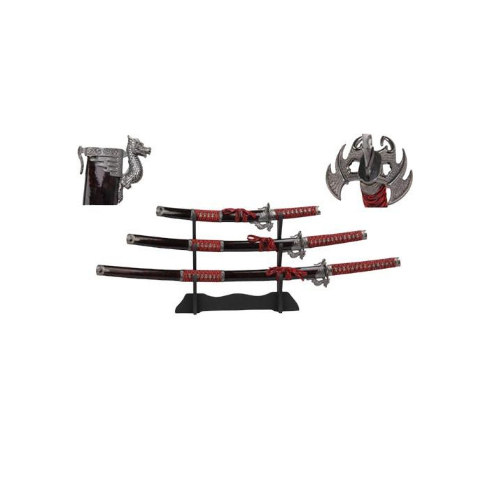 SET DE 3 ESPADAS SAMURÁI CON SOPORTE - DRAGÓN (KATANA, WAKIZASHI Y TANTO) - 1