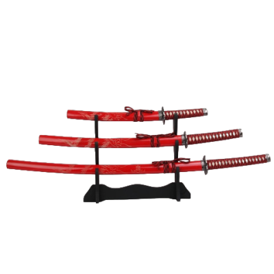 SET OF 3 SAMURAI SWORDS WITH STAND - RED (KATANA, WAKIZASHI AND TANTO) - 1