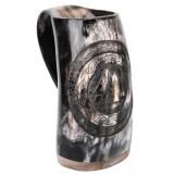 Caneca de chifre, caneca de cerveja com base de madeira e motivo Valknut nº 1  - 1