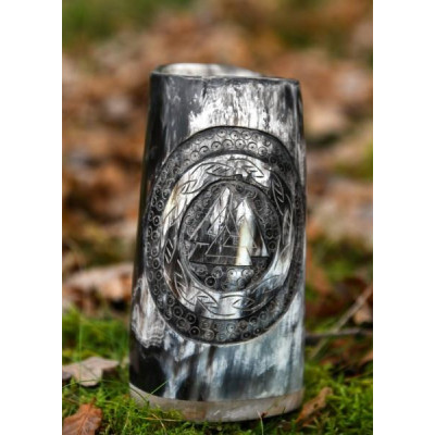 Caneca de chifre, caneca de cerveja com base de madeira e motivo Valknut nº 1  - 2