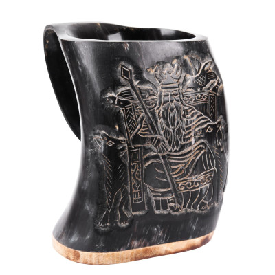 Tasse en corne, chope à bière avec socle en bois et motif Odin - 2