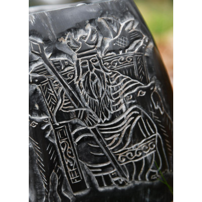 Tasse en corne, chope à bière avec socle en bois et motif Odin - 6