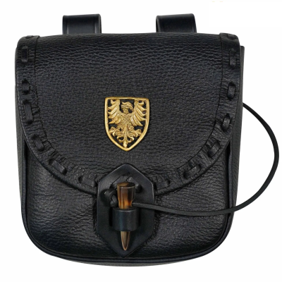 Bolsa de couro negro com decoração de águia de latão  - 1