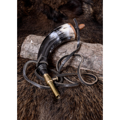 Powder horn with brass closing valve and leather strap