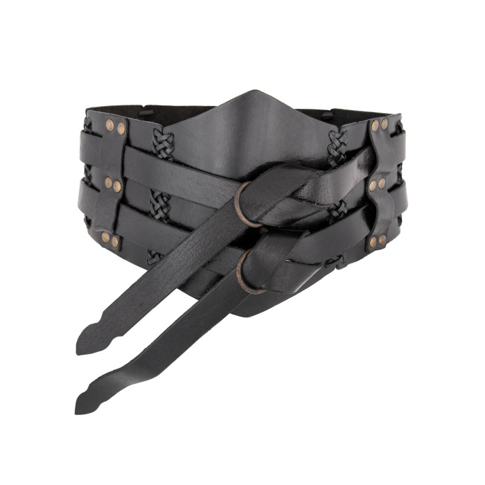 Wide Leather Belt, Double Belt with Braided Seams, Unisex, Black