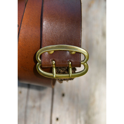 Cinturón ancho de cuero con hebilla de latón, marrón, aprox. 135 cm...