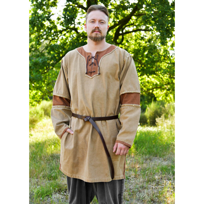 Túnica Medieval Sigval, Mistura de Tecidos, Usado-Look, bege marrom...