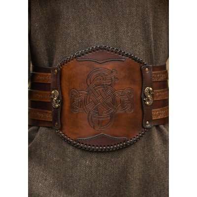 Cintura in pelle vichinga con goffrato, marrone Inizio